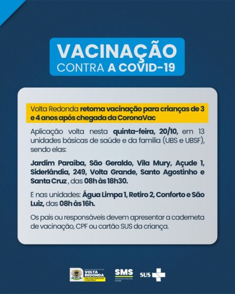 Volta Redonda retoma vacinação para crianças de 3 e 4 anos após chegada da CoronaVac