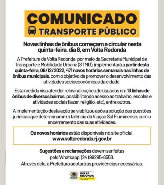 Comunicado - Novas linhas de ônibus começam a circular nesta quinta-feira, dia 8, em Volta Redonda