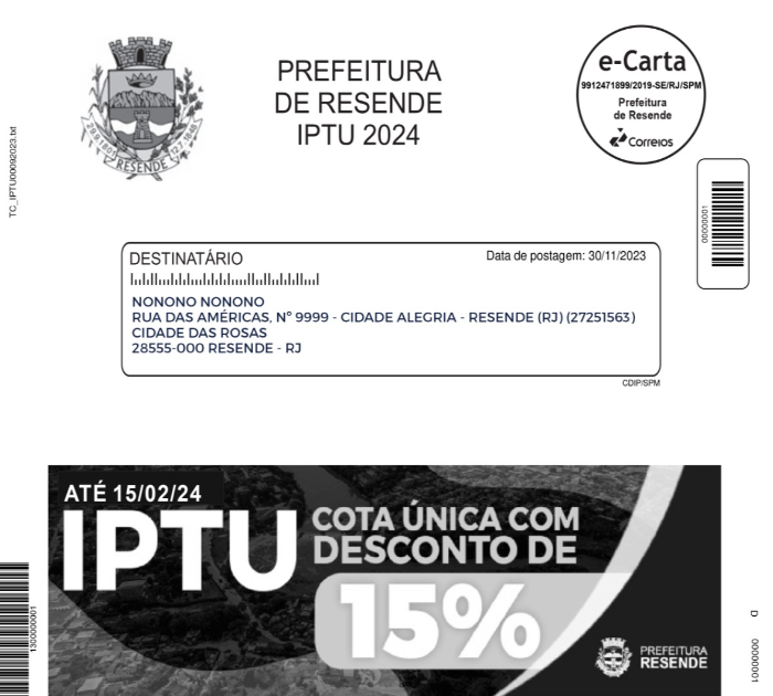 GUIAS PARA PAGAMENTO DO IPTU EM RESENDE PASSAM A SER ENVIADAS PELOS CORREIOS EM FORMATO DE CARTAS