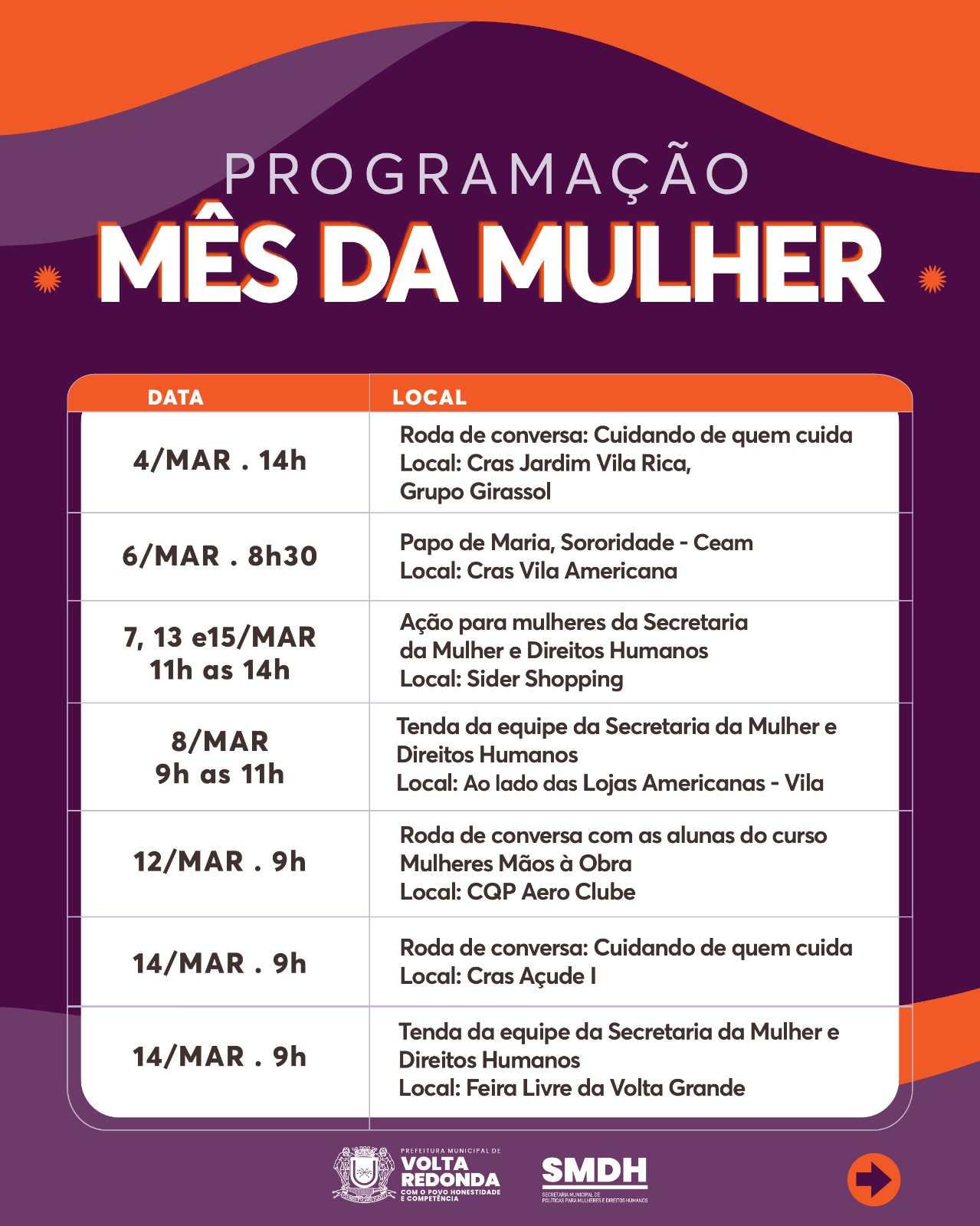 Volta Redonda divulga programaÃ§Ã£o para o MÃªs da Mulher