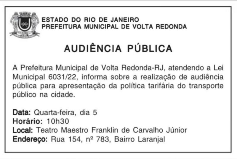 Realização de audiência pública sobre política tarifária do transporte público