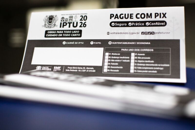 Desconto de 8% para pagamento em cota única no IPTU 2026 de Volta Redonda vai até dia 6 de março