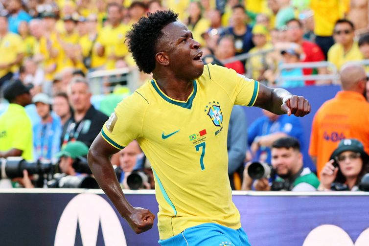 Soccer Football - FIFA World Cup 2026 - Group C - Brazil v Morocco - New York/New Jersey Stadium, East Rutherford, New Jersey, U.S. - June 13, 2026 Brazil's Vinicius Junior reacts IMAGN IMAGES via Reuters/Caean Couto