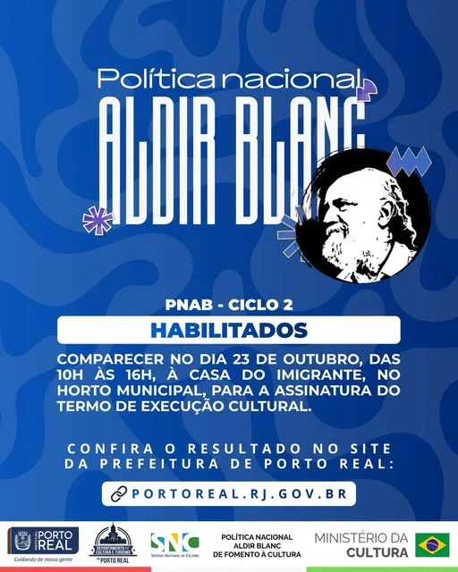 A Prefeitura Municipal de Porto Real, por meio do Departamento de Cultura, torna pública a lista completa dos agentes culturais habilitados e participantes da Política Nacional Aldir Blanc