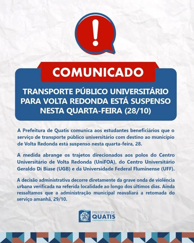 Comunicado: Transporte público universitário para Volta Redonda está suspenso nesta quarta-feira (28/10)
