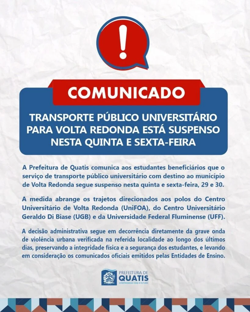 Comunicado: Transporte público universitário para Volta Redonda segue suspenso nesta quinta e sexta-feira