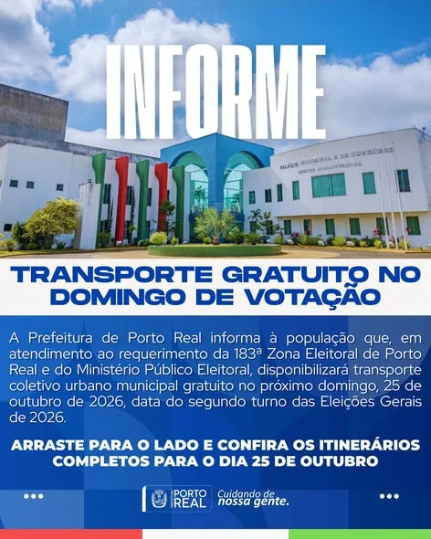 Prefeitura de Porto Real divulga linhas e itinerários de transporte gratuito para as Eleições 2026