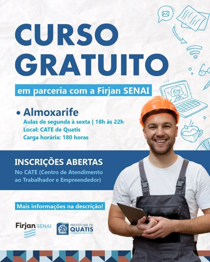 Prefeitura de Quatis abre inscrições para Curso de Almoxarife em parceria com o SENAI Firjan
